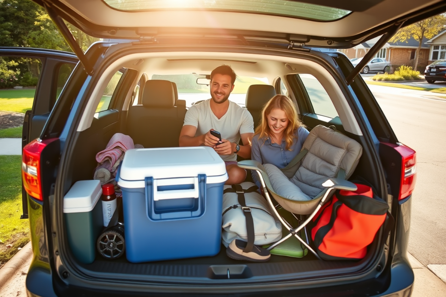 Rodzina pakuje bagażnik auta przed majówkowym wyjazdem